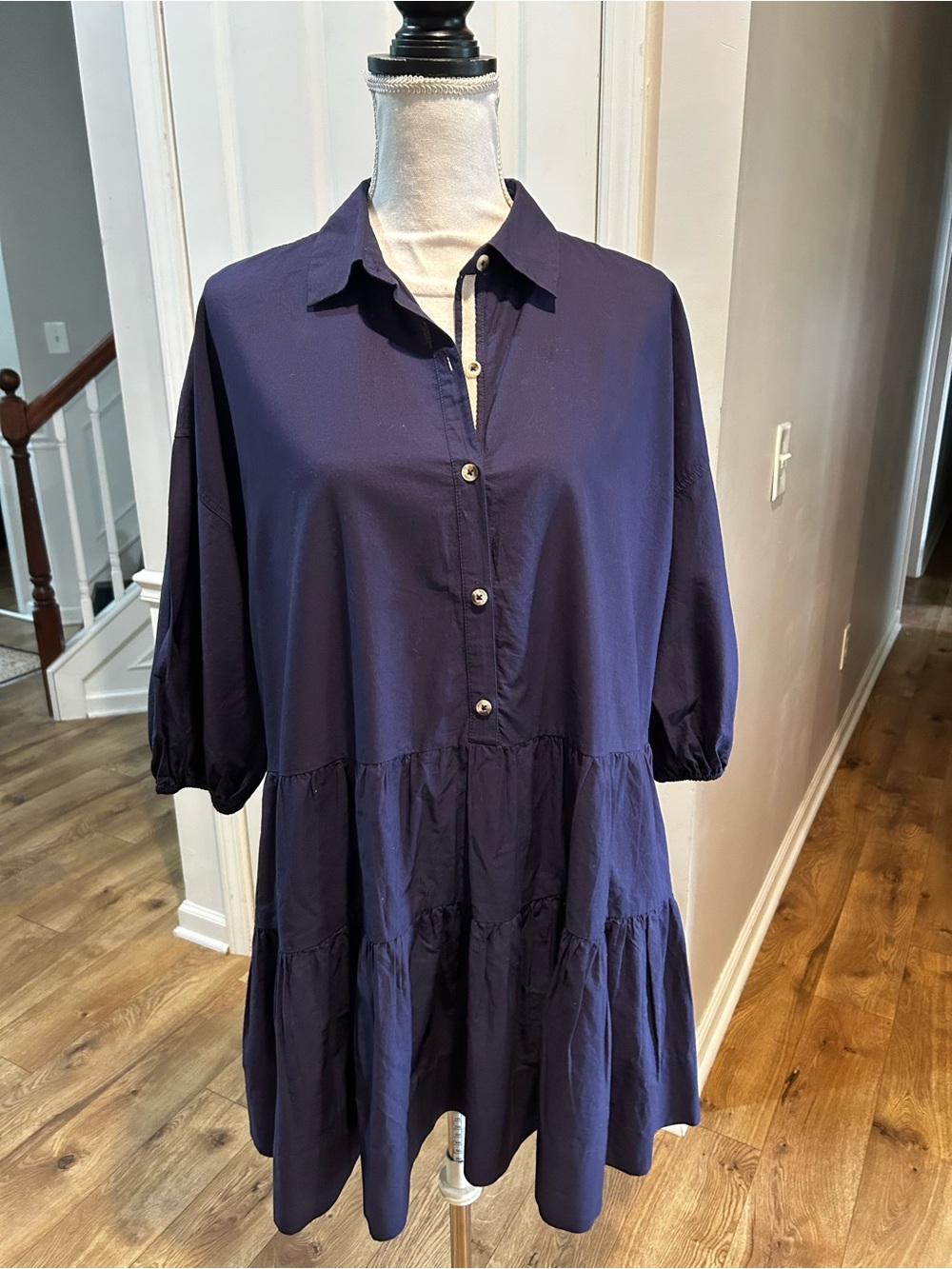 Free People Navy Tiered Button-Front Tunic XS fits like S/M